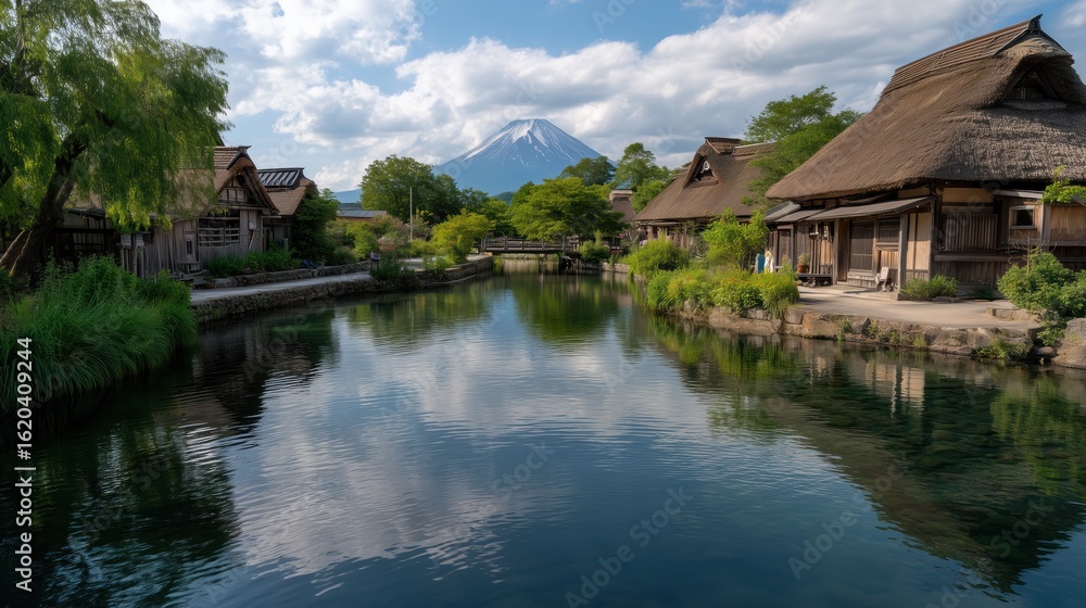 Historic Japanese Homes and Mount Fuji Reflection Historic Japanese Homes and Mount Fuji Reflection