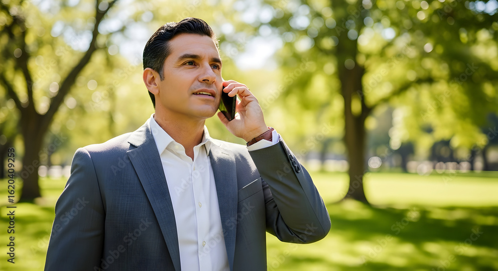 Confident businessman making a call in a park, discussing business opportunities, modern style, sunny day, success Confident businessman making a call in a park, discussing business opportunities, modern style, sunny day, success