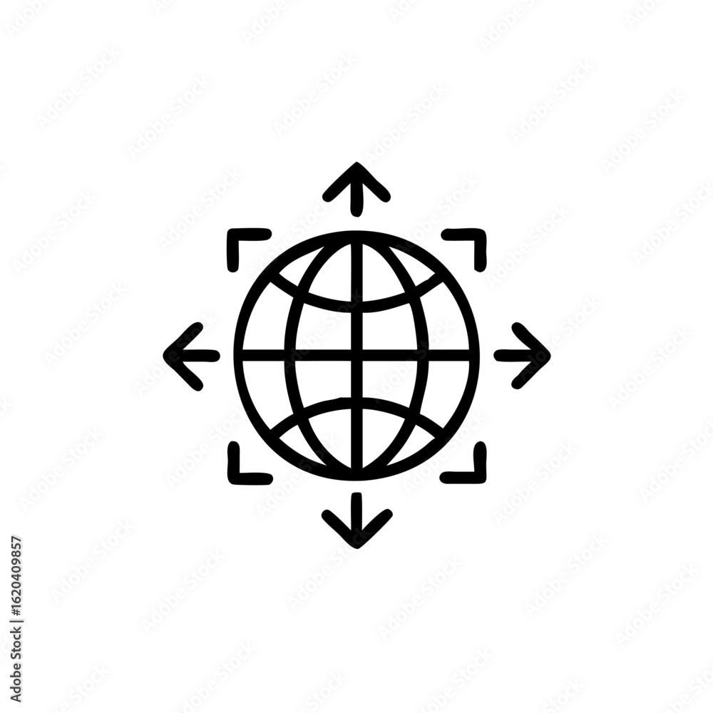 Fototapeta premium Outline globe with four directional arrows corner brackets world earth
