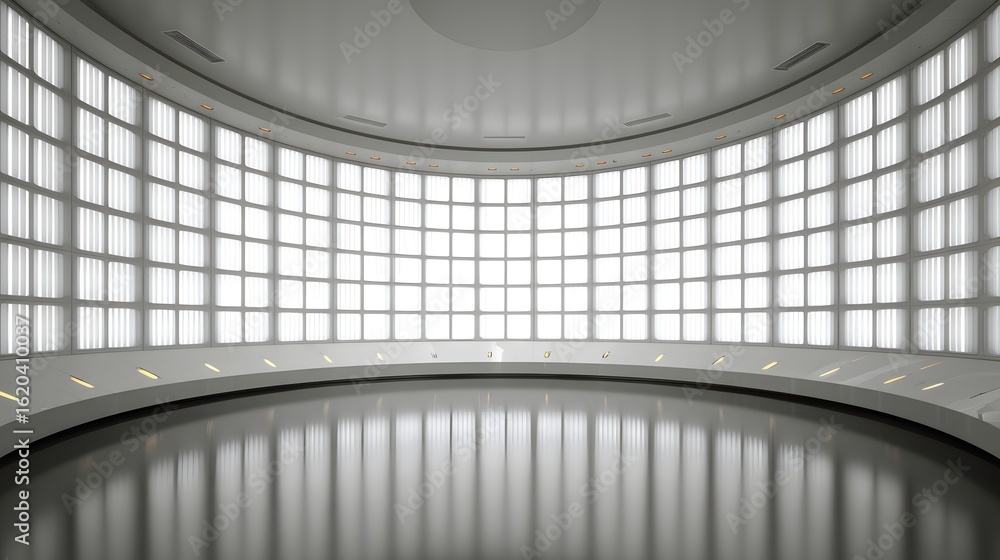Fototapeta premium Empty circular hall with large, divided windows.