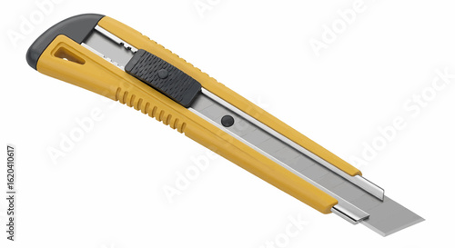 Yellow utility knife tool vector icon, photo-realistic cutter illustration on white.