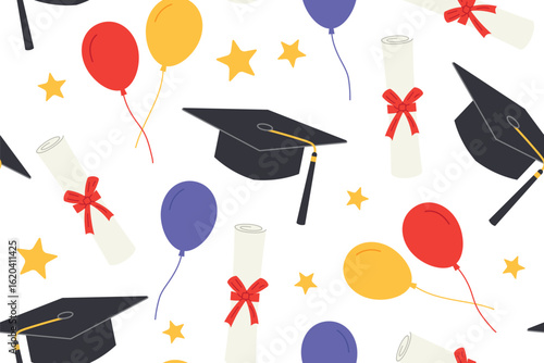 graduation seamless pattern with mortarboards, diplomas, balloons and stars; perfect for graduation party invitations, gift wrapping- vector illustration