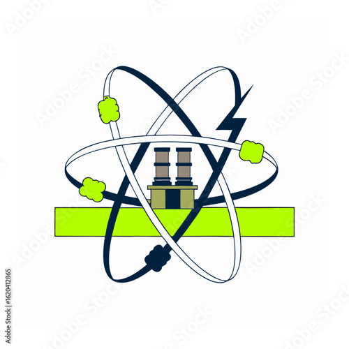 Vector icon illustration of a shiny 3D atom with orbiting electrons on a white background, symbolizing science, technology, and nuclear energy