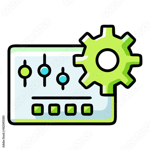 Control panel with sliders and a gear isolated on white background for settings and adjustments