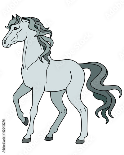 A gray horse, a domestic animal symbolizing 2026, is a color vector image. A mare is a graceful, purebred animal.