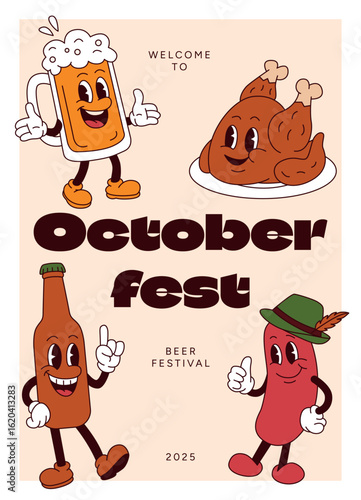 Cartoon Beer Mug, Bottle, Sausage and Roasted Chicken Characters Celebrating Oktoberfest 2025. Fun Food and Drink Festival Poster. Flat Vector Illustration Design