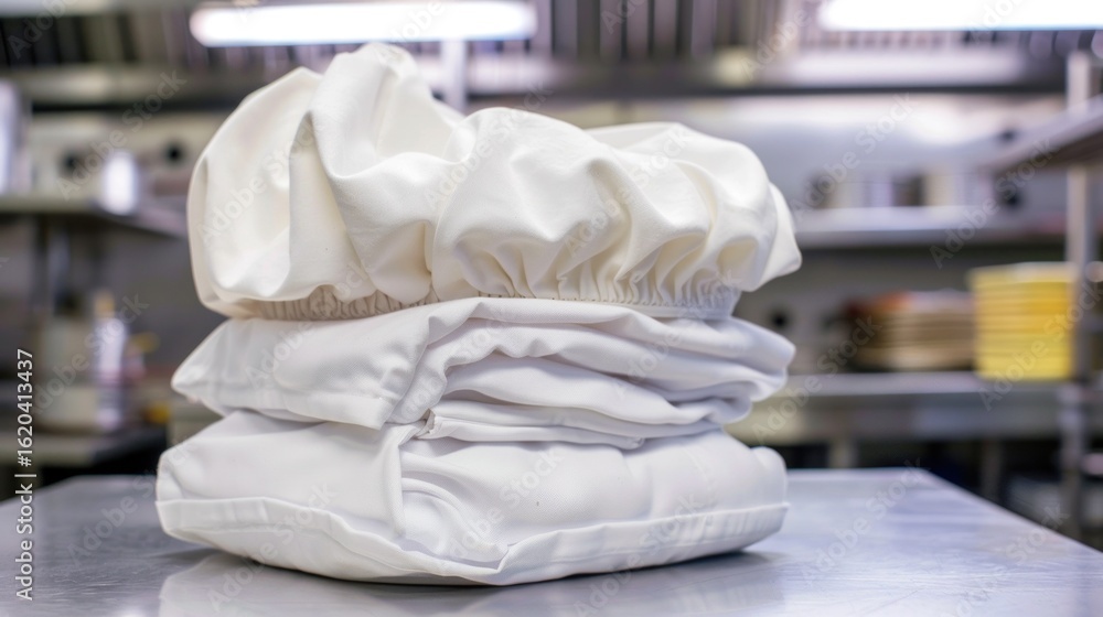 Obraz premium A stack of white kitchen towels in a professional kitchen setting.