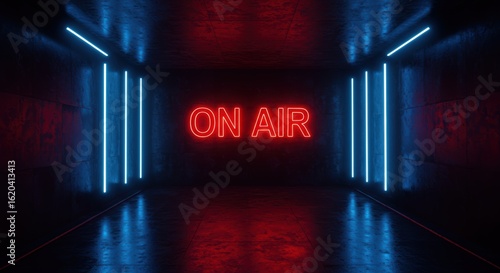 Neon tubes and On Air sign illuminate a grungy concrete room with vibrant blue and red light