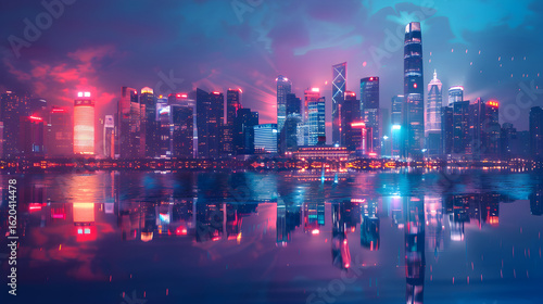 Glowing Cityscape at Night: A Digital Fantasy, in high resolution clean minimal style stock photo illustration background image ideal for templates advertisements and web banners showcasing modern aes