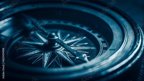 Antique Compass Navigation Close-Up in Moody Blue Lighting