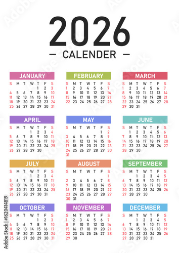 2026 Calendar Year Planner Template Vector Illustration. Monthly Organizer Design Set