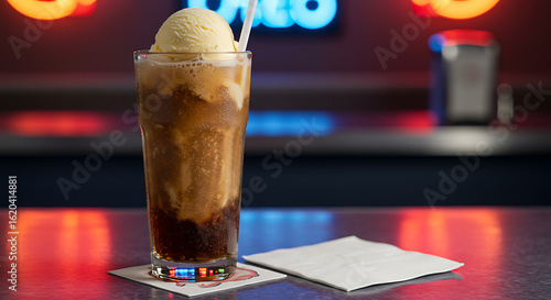 Wallpaper Mural A classic root beer float in a tall glass with vanilla ice cream on top, sitting on a diner-style counter with napkins and neon lights in the background Torontodigital.ca