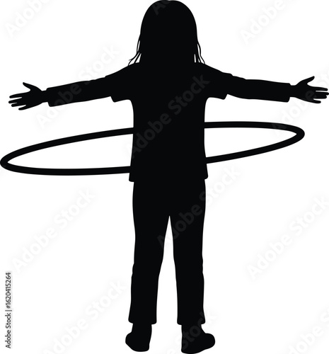 Child hula hoop silhouette, kid playing with hoop, full body black figure, playful child activity, fitness game for children, fun silhouette vector illustration