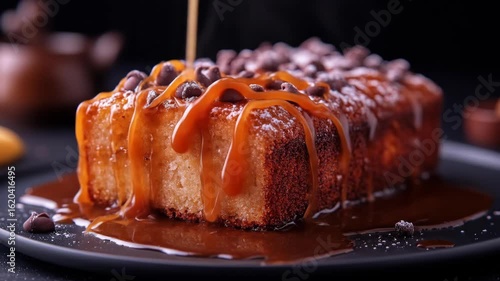 Caramel-drizzled cake with chocolate chips