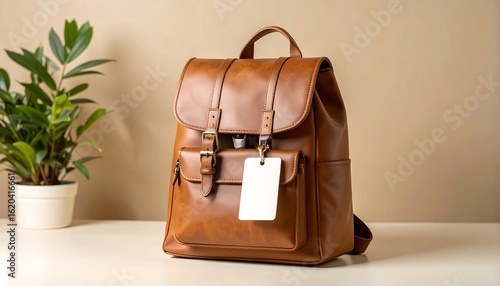 Tan Leather Backpack On White Surface With Houseplant