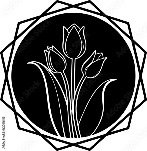 Luxury boutique florist branding vector with tulip flower, decorative leaves, and soft curves, perfect for upscale product labels.