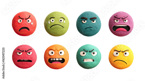 Set colorful round 3D happy, smile, angry and sad emoji faces on transparent background, made in clay style. Expressive icons perfect for emotional reactions, stickers, or social media content