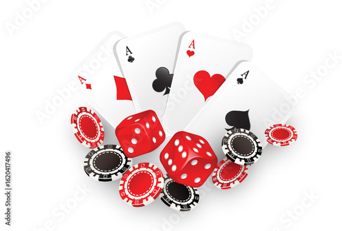 Falling aces and casino chips on white background. Playing cards, red and black money chips. Gambling Poker and card games.