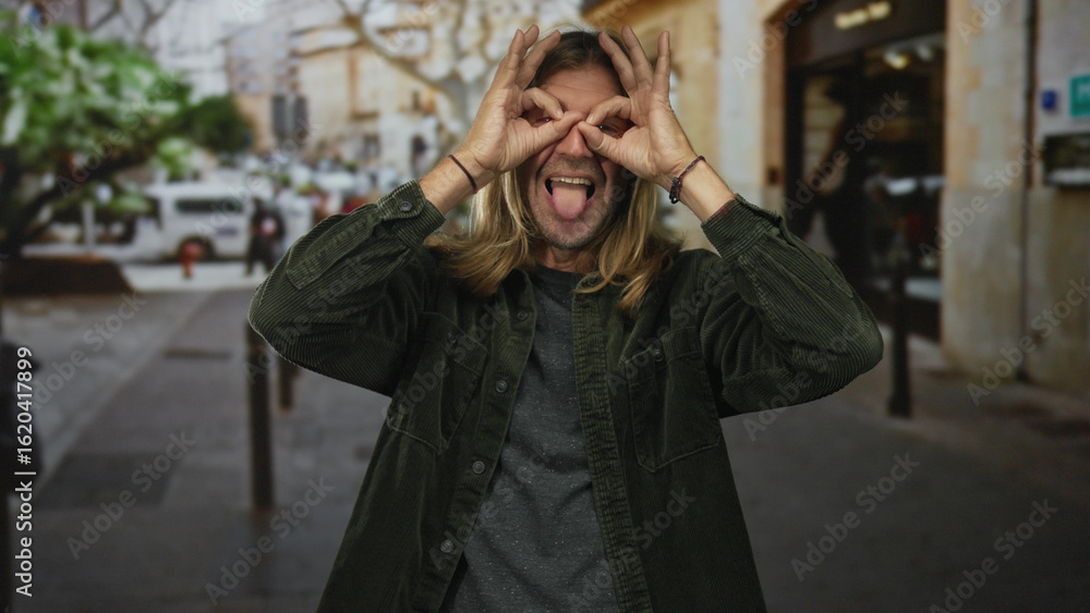 Fototapeta premium Blond man with long hair making hand binoculars gesture and smiling on busy street; curiosity discovery.