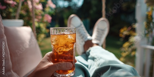 A person enjoying a glass of iced tea on a porch swing on a hot summer day