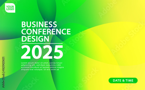 Professional vector template for a business conference design. Features dynamic green and yellow flowing shapes with designated text areas. Perfect for corporate events and seminars.

