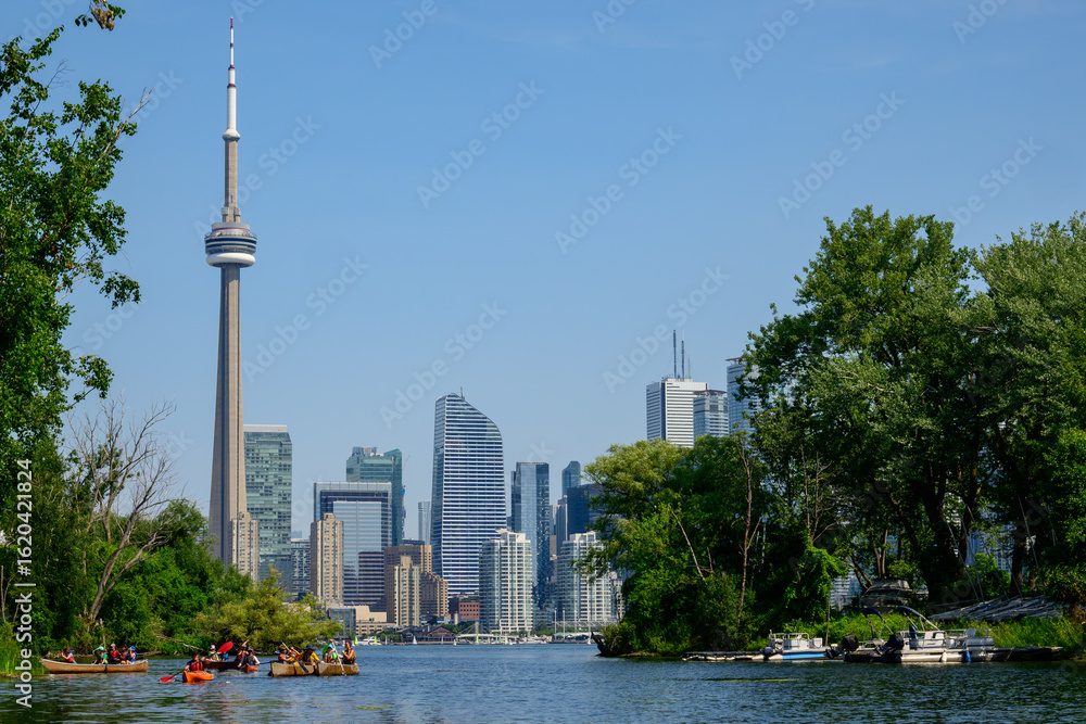 Fototapeta premium paddlers on the water in an urban park with view across harbour to skyscraper skyline shot in Toronto in summer room for text copy space