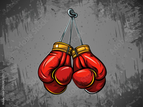 A pair of boxing gloves hanging from a hook, placed on textured gray wall background