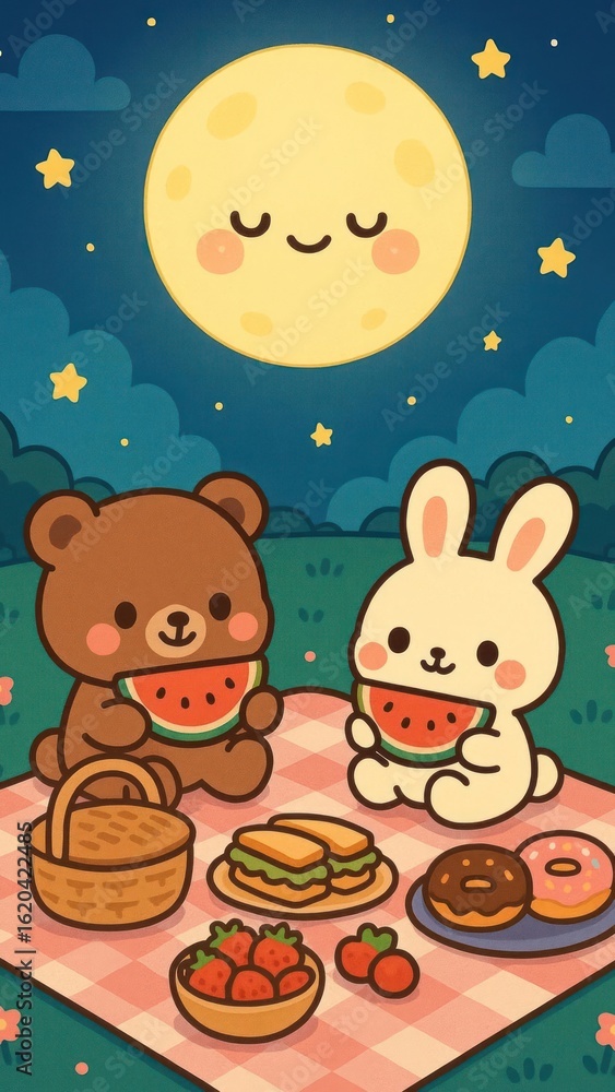 Naklejka premium Cute picnic under moonlight