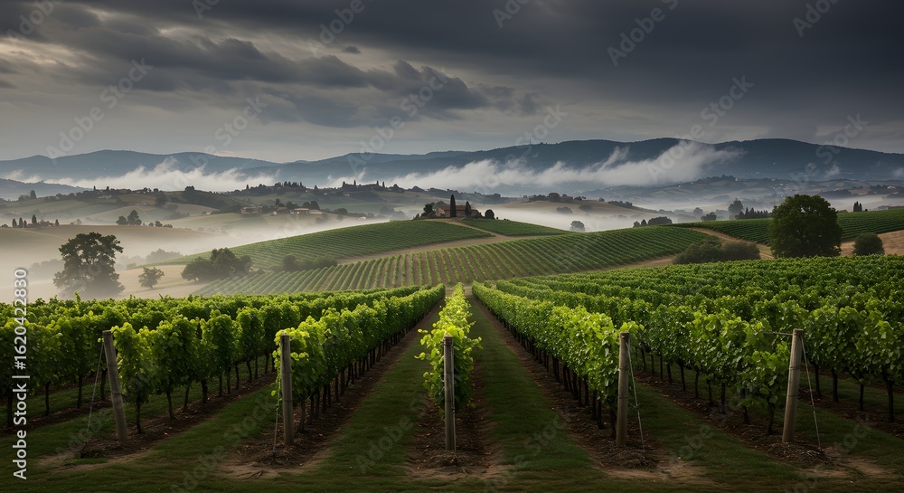 Obraz premium Vineyard landscape unfolds in Tuscany, Italy. Fog hugs the hills. Ideal for travel, wine, or editorial use.