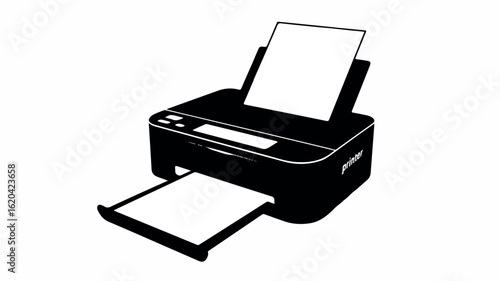 Black and white silhouette illustration of a modern printer on a clean white background