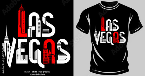Las Vegas T-Shirt Design – Skyline Typography Graphic with Bold Cityscape Illustration and Mockup.
