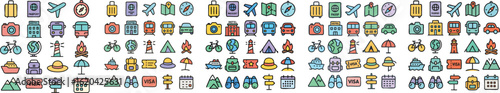 Collection of colorful travel and vacation icons with a handdrawn style.