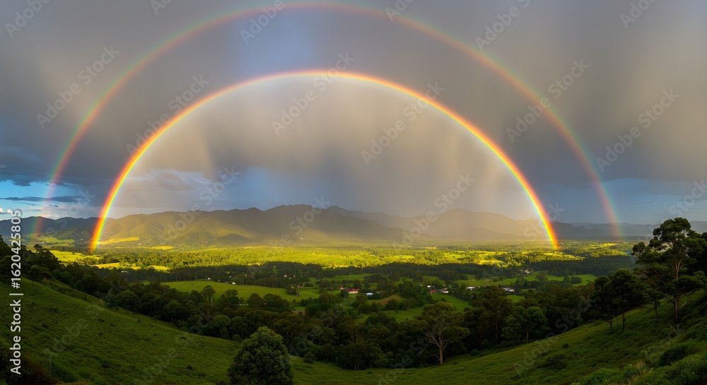 Fototapeta premium Double Rainbow Shines Over Green Valley. Use for nature marketing, editorial, web design, environmental concepts.