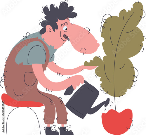 Funny Cartoon Gardener Watering Plant, Character Design with a Watering Can.
