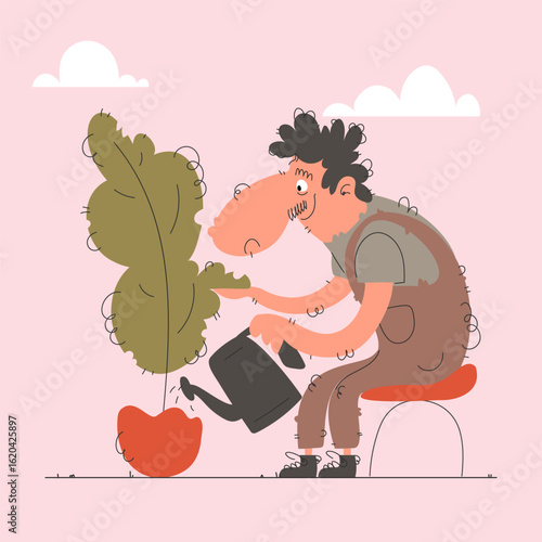 Watering Plant, Cartoon Style Character, Gardening, Pink Background with Clouds.