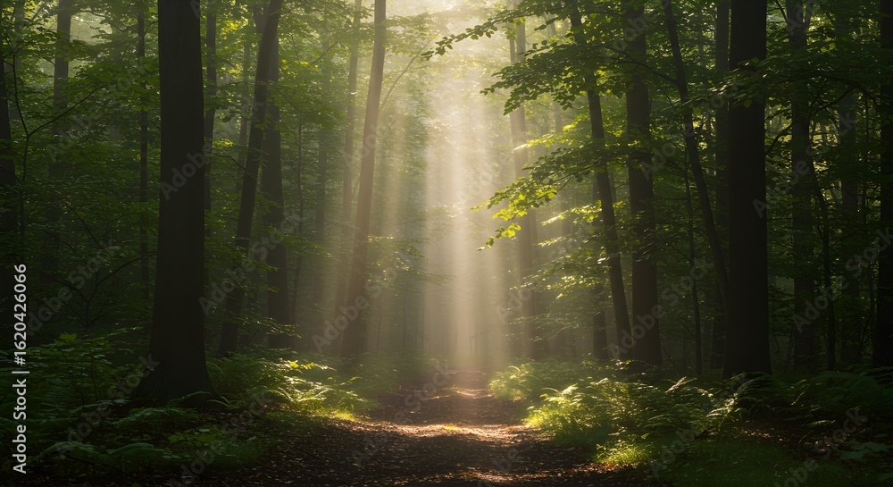 Fototapeta premium Sunbeams stream through lush forest. Ideal for web, design, marketing, or editorial use. Nature, mystery, and beauty converge.
