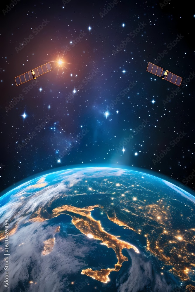 Fototapeta premium AI-Driven Satellites Enhancing Global Connectivity from Space