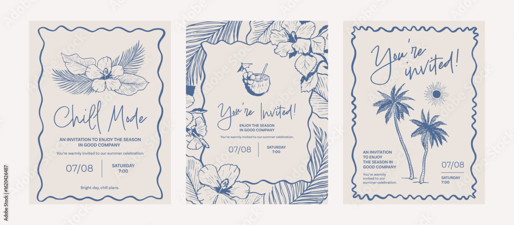 Summer party invitation set. Hawaiian event poster template. Boho holiday drawings. Hand drawn illustration of palm trees and tropic leaves. Graphic ink style sketch. Whimsical frames.
