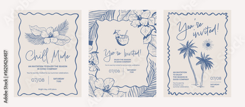 Summer party invitation set. Hawaiian event poster template. Boho holiday drawings. Hand drawn illustration of palm trees and tropic leaves. Graphic ink style sketch. Whimsical frames.