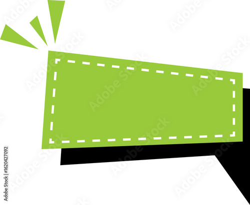 Green banner with dotted line border and burst icon in the upper corner