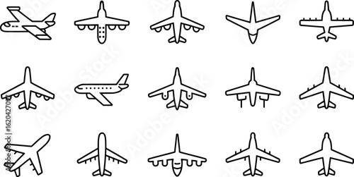 Airplane Line Icons Set: Various Aircraft Views for Travel, Aviation & Flight Themes

