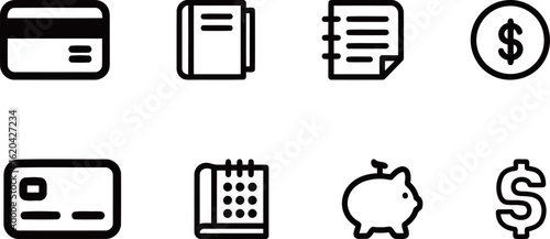 Finance and Banking Icons: Credit Card, Document, Coin, and Piggy Bank Symbols for Financial Concepts
