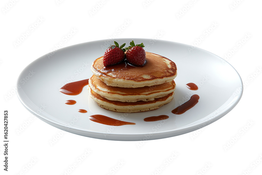 Sweet Stack: A stack of golden pancakes, drizzled with syrup and topped with fresh strawberries, presented on a clean white plate. Sweet Stack: A stack of golden pancakes, drizzled with syrup and topped with fresh strawberries, presented on a clean white plate.