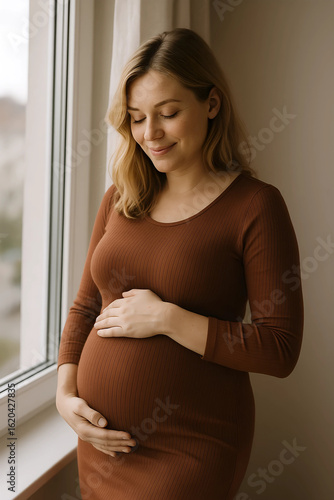 Free Download Radiant Expectation: A serene portrait of a pregnant woman, radiating with the gentle glow of motherhood, captured in a warm and inviting light. - GFXLoad