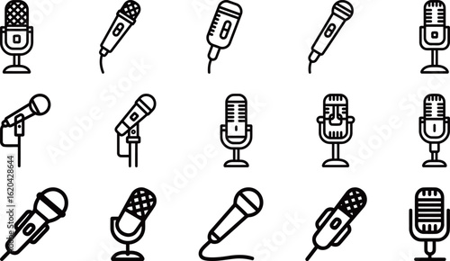 Microphone Icons Collection: Dynamic, Condenser, and Studio Microphones for Audio Recording and Broadcasting