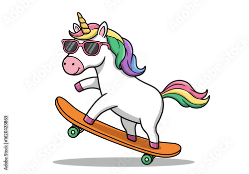 A cool cartoon unicorn with colorful hair and sunglasses is riding a skateboard with enthusiasm and style in this fun illustration perfect for kids