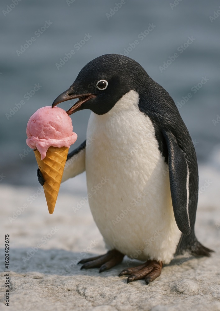 Naklejka premium Penguin enjoying pink ice cream.