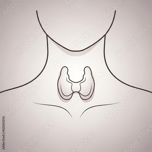 The image is a simple line drawing of a human neck, focusing on the thyroid gland located in the throat. This educational illustration highlights thyroid anatomy and its physiological importance.