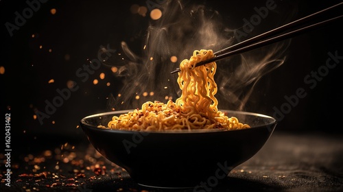 Spicy ramen in a black ceramic bowl, with steaming noodles picked up by chopsticks and chili flakes floating in the air, presenting an appetizing picture.