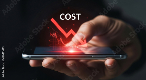Cost reduction concept with downward arrow on smartphone screen, financial decline
